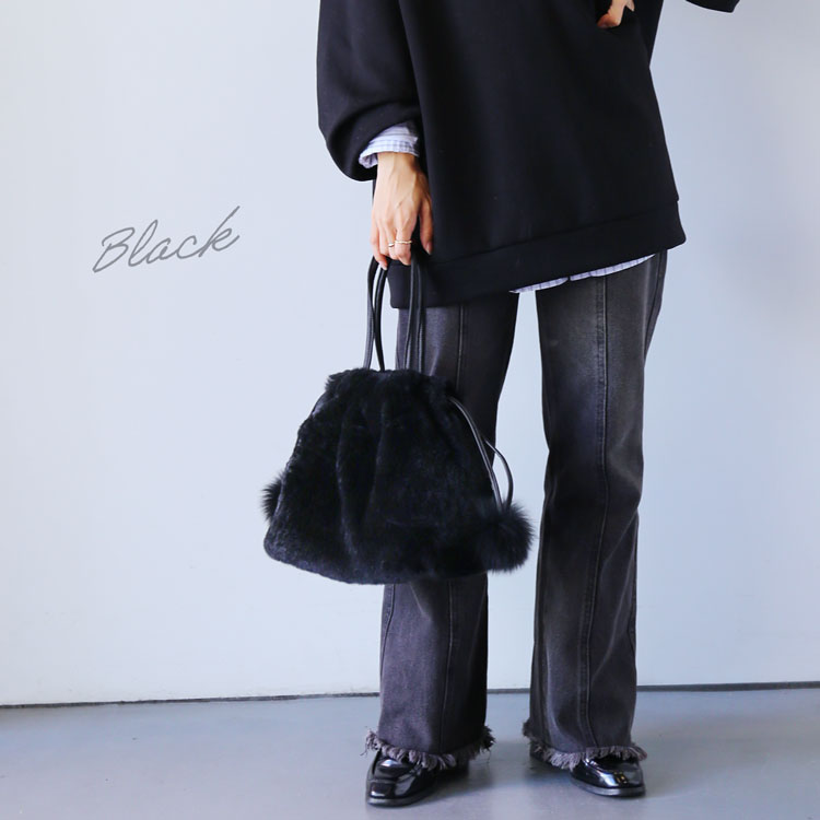 レッキスファー 巾着バッグ フォックスポンポン付き レディース