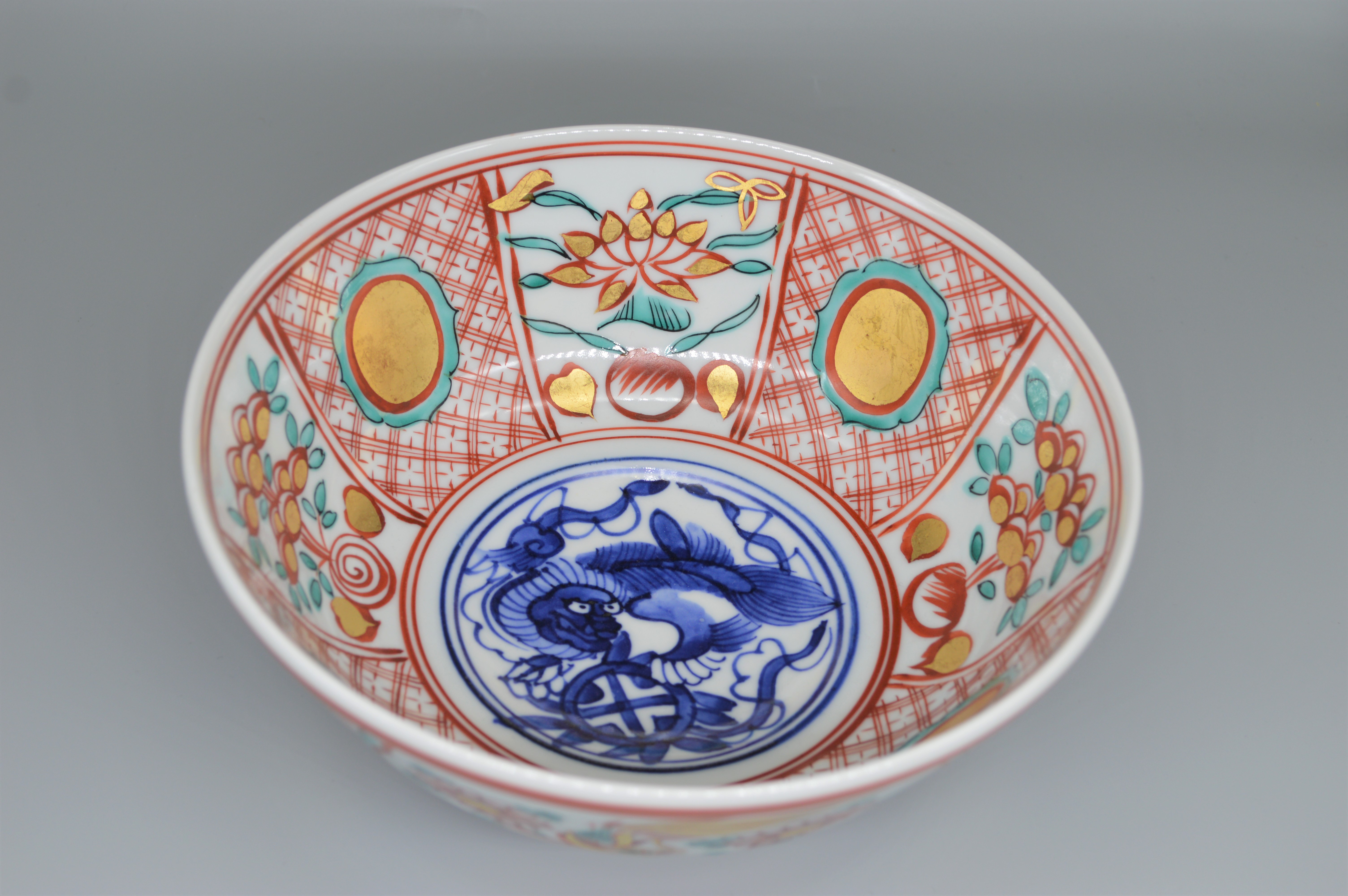 赤絵玉取獅子菓子鉢 眞葛香斎作