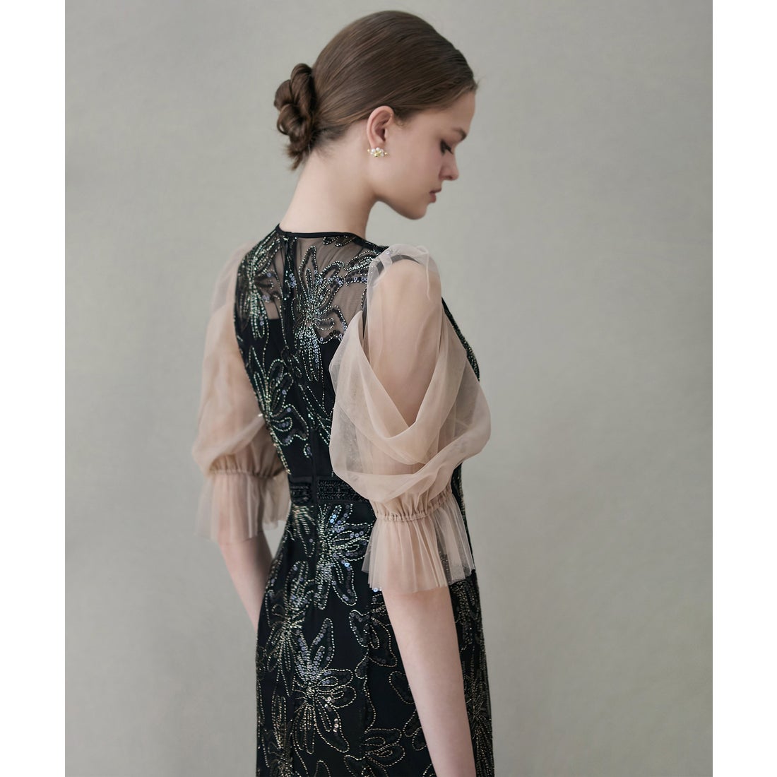 レジャ Leja スパンコールフラワーリボンチュールワンピースドレス