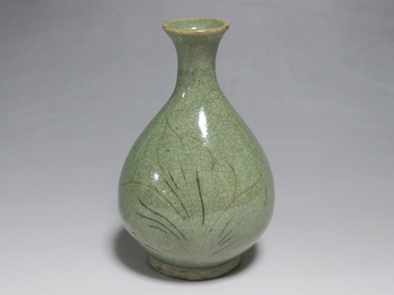 A11240 李朝 青磁 徳利 古陶磁 古美術 猫 - 李朝青磁象嵌三島徳利