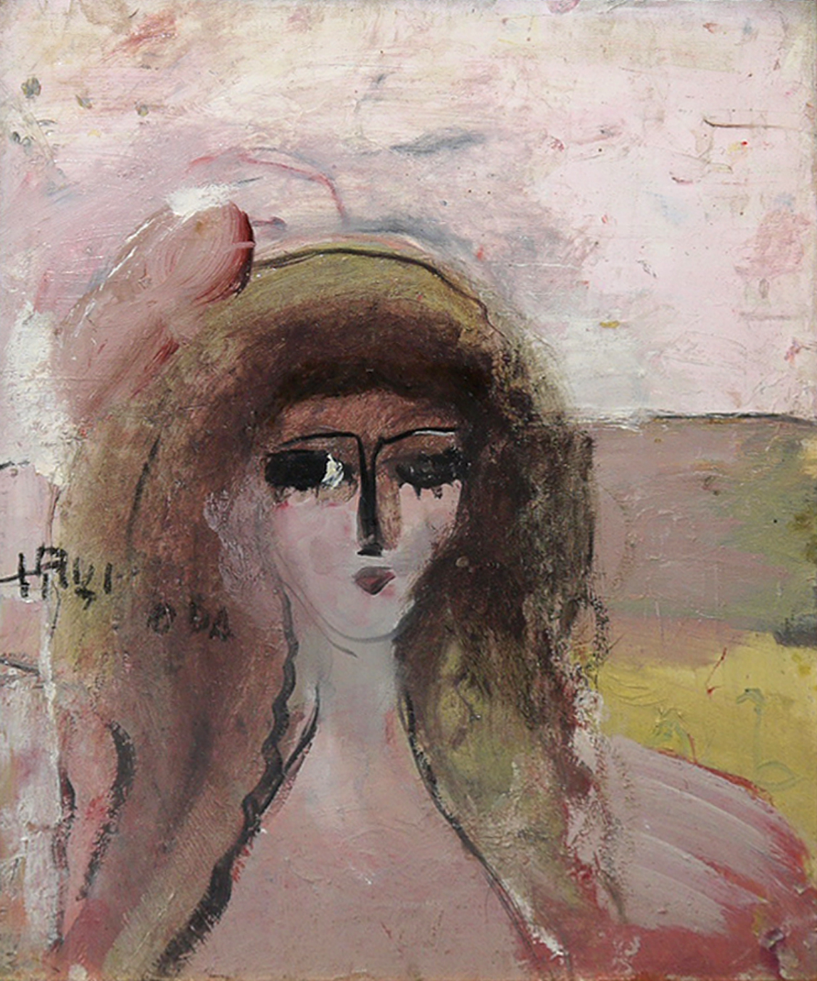 織田廣喜、【通りぬけ並木と少女・桜の花】、希少な額装用画集より