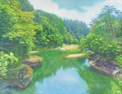 真作】絵画 清水風朝 油彩8号 渓流の森 清流と新緑が