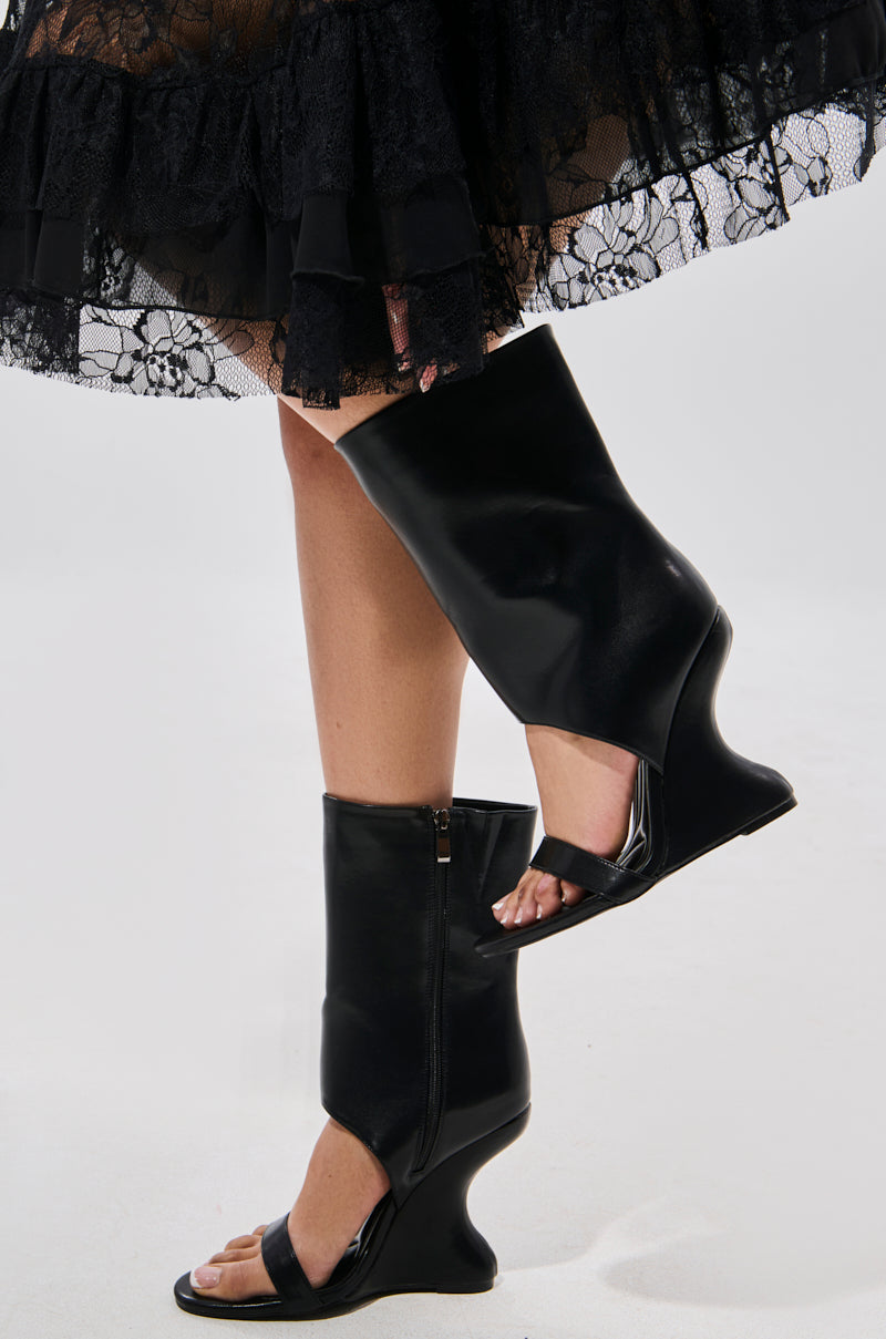 AZALEA WANG KYVELI BLACK WEDGE OPEN TOE BOOTIE – AKIRA