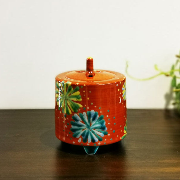 九谷焼 色絵 金襴手 田村敬星 四方香炉 角香炉 共箱 和歌 毛筆細字