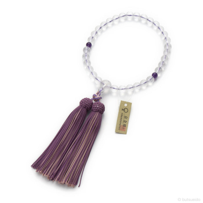 数珠・女性用 霧水晶切子8mm 紫水晶仕立 正絹平安襲（かさね）房（若紫