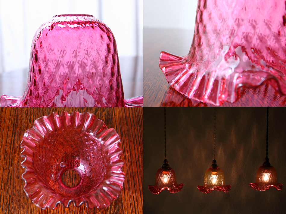 大正ガラス ランプシェード ピンクレッド アンティーク 大正ガラス