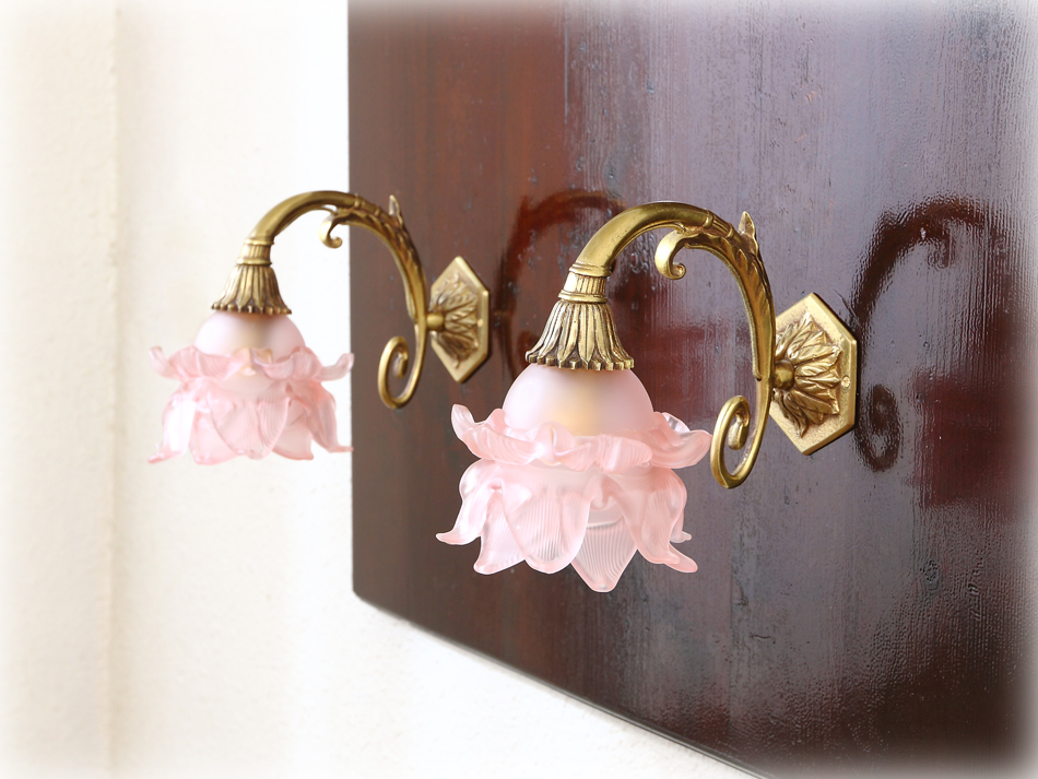 ルイ16世Louis XVIスタイル ピンクローズシェード ウォールランプ/ペア