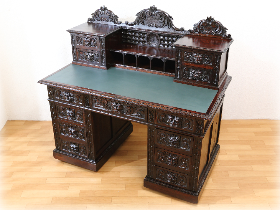 ビクトリアンスタイル 木製文机 アンティーク 鍵付き ライティングデスク