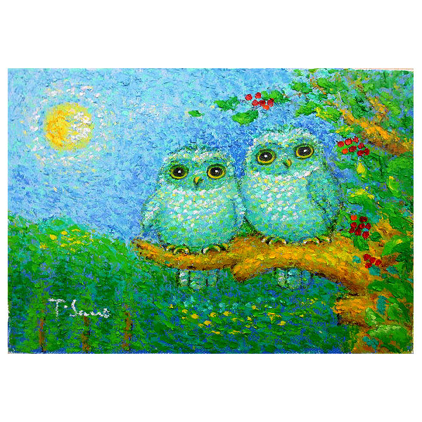 楽天市場】「祝ふくろう(2羽)」佐野千恵子 サムホールサイズ油彩画