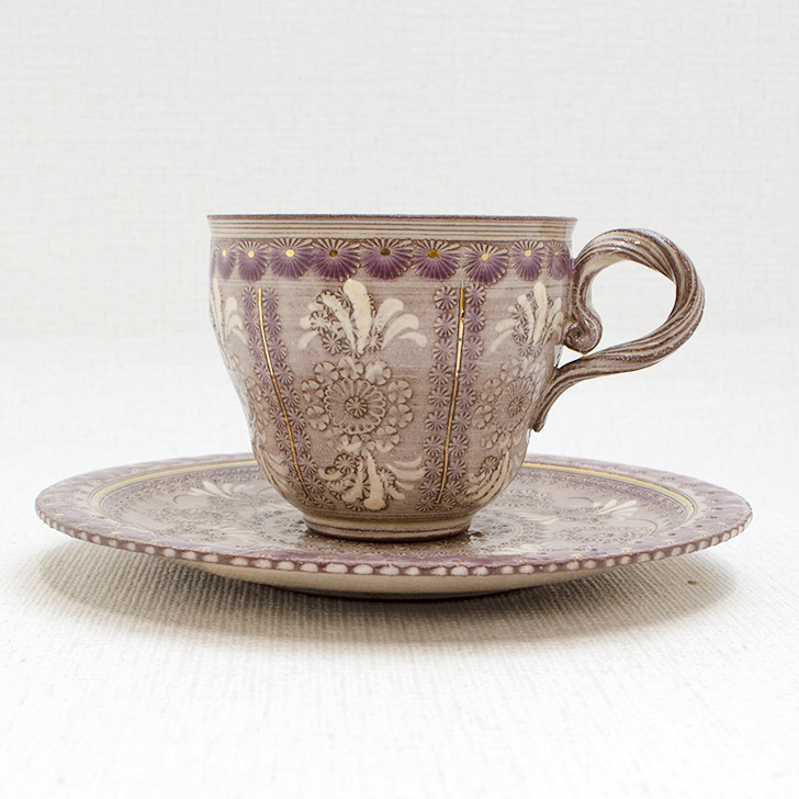 京焼 清水焼 紫彩華紋 竹華珈琲碗皿 陶楽 カップ&ソーサー