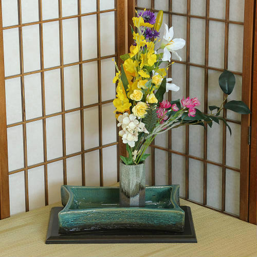 信楽焼 水盤 花器 10号 青 ガラス 長角 曲げ 陶器 池坊 嵯峨御流