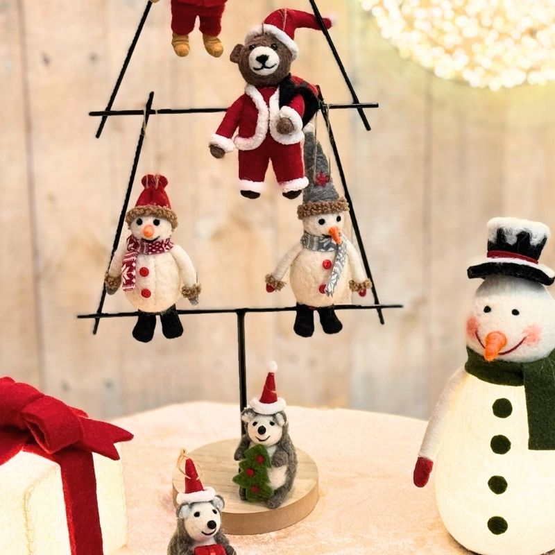 ふわふわフェルトのスノーマンオーナメント｜羊毛フェルト製