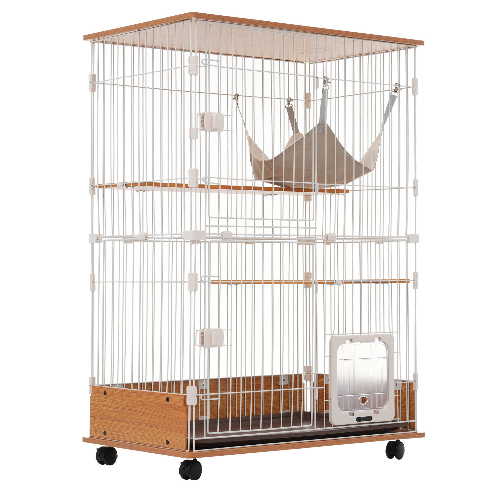 猫 ケージ 2段 キャットケージ 木製フレーム ハンモック付 猫ドア付き