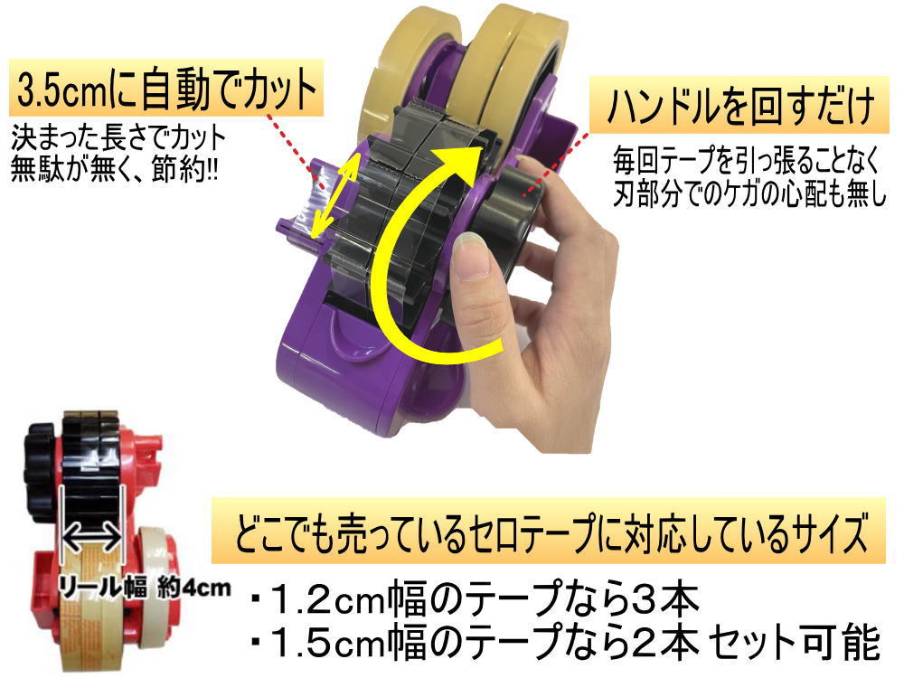 自動テープカッター ハンドルを回すだけ 勝手にカット テープ台 テープ
