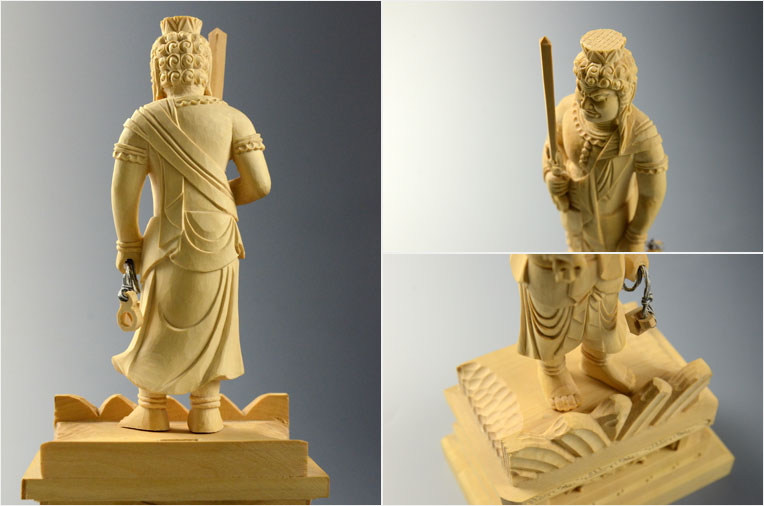 仏像【総柘植材・四角台火炎光背仏像：不動明王3.5寸】真言宗脇侍・お