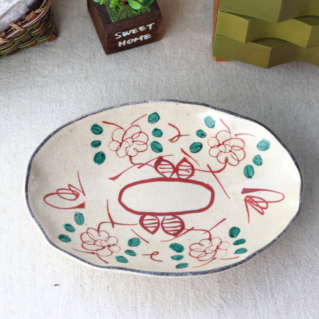 赤絵三善 煮魚が似合う手描き三ツ足楕円皿 22cm 美濃取寄 日本製 美濃