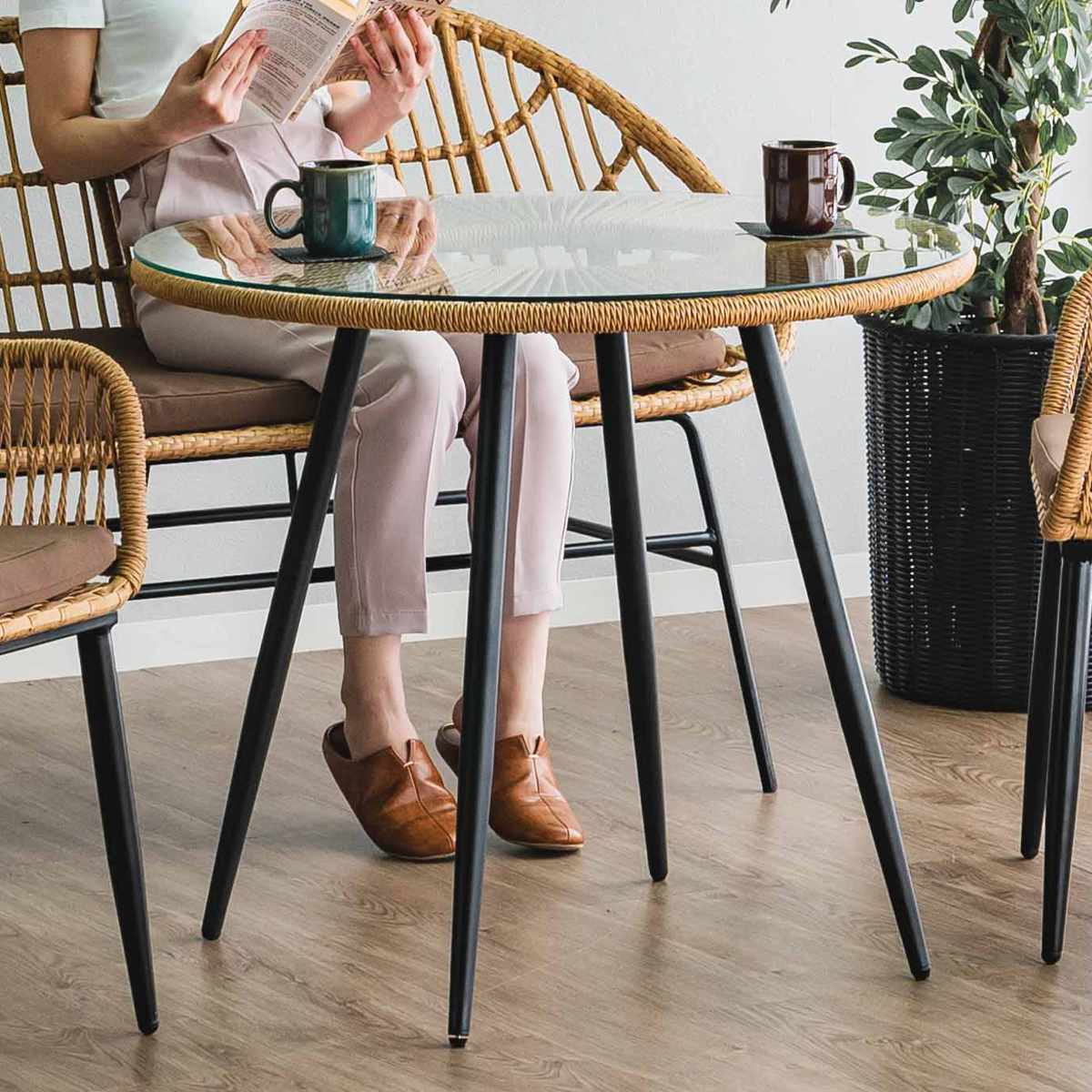 カフェテーブル 直径80cm ラタン調 ガラス マーレ （ テーブル