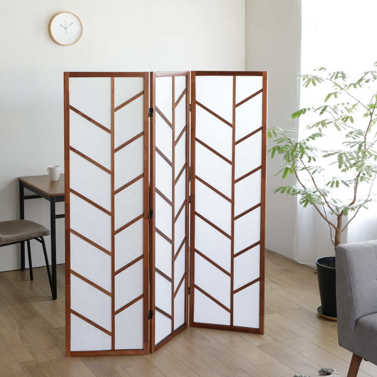弘益 衝立 3連 ブラウン 高さ150cm 木製スクリーン （ パーテーション