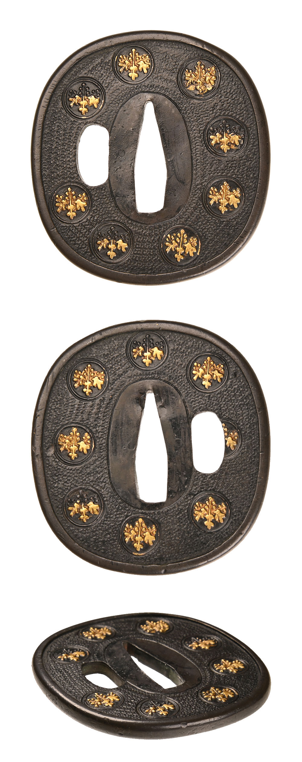 ☆収集家放出品 鍔 鐔 無銘 高彫 金象嵌 鉄地 丸形