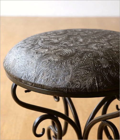 スツール アンティーク アイアン レザー 丸椅子 クッション 玄関