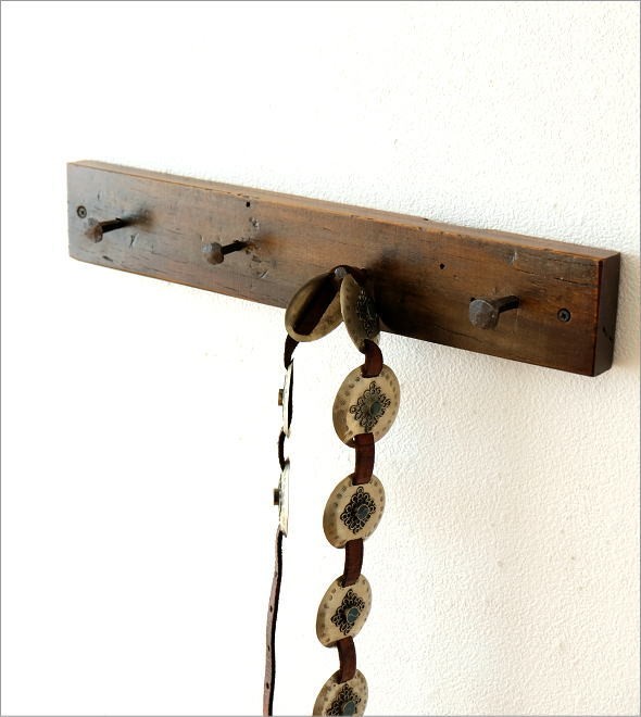 フック 壁掛け 4連 アンティーク 木製 古木 ウォールフック 玄関 帽子