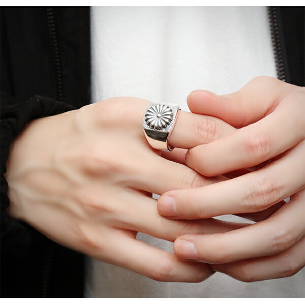 龍頭 菊 印台 リング 10〜28号 指輪 花 メンズ シルバー シルバー