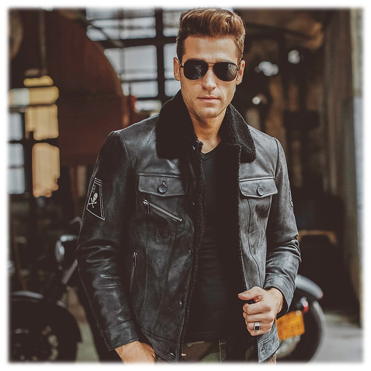 送料無料!】全10サイズ メンズ 本革ボア付き襟ピッグスキンレザー