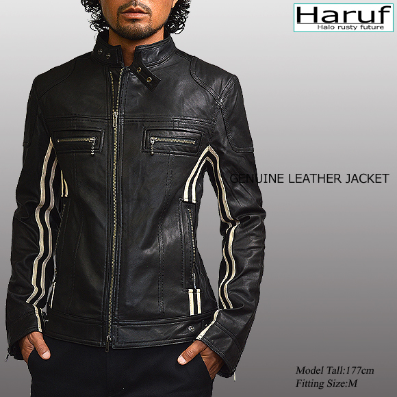 Haruf（ハルフ） レザージャケット メンズ 本革 ホワイト ライン入り