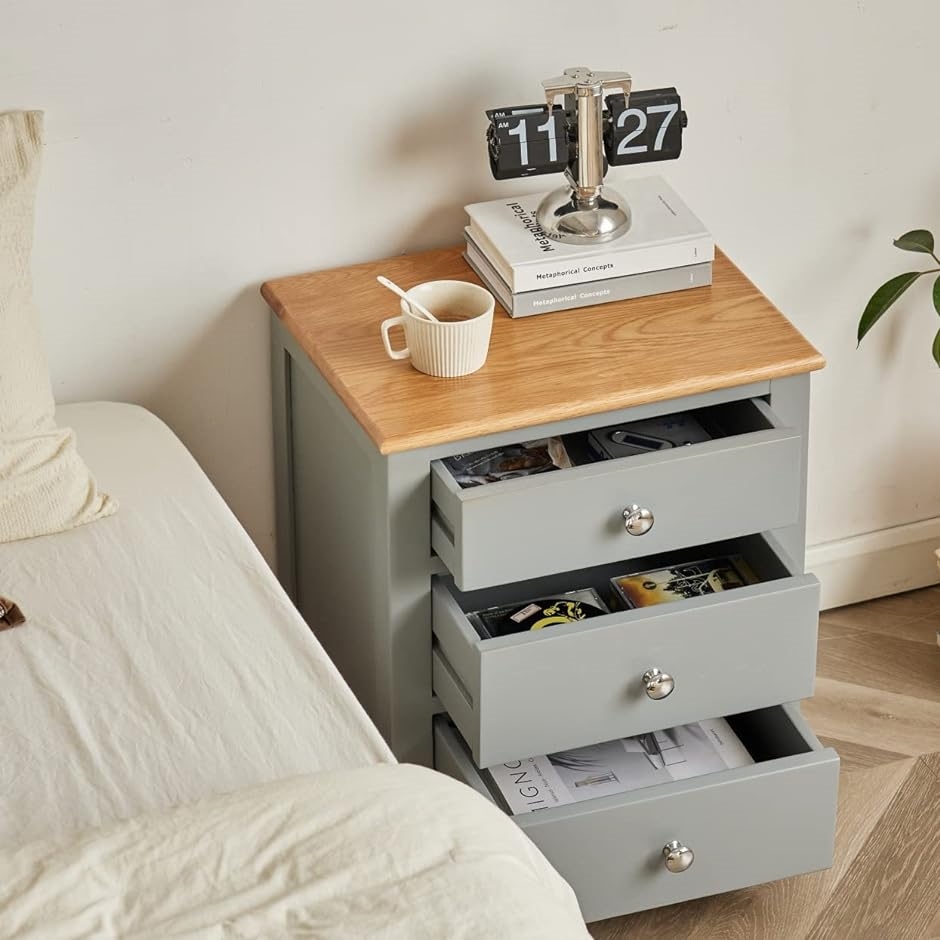 ナイトテーブル サイドテーブル 3段引出し 天然木 オーク材 木製 大
