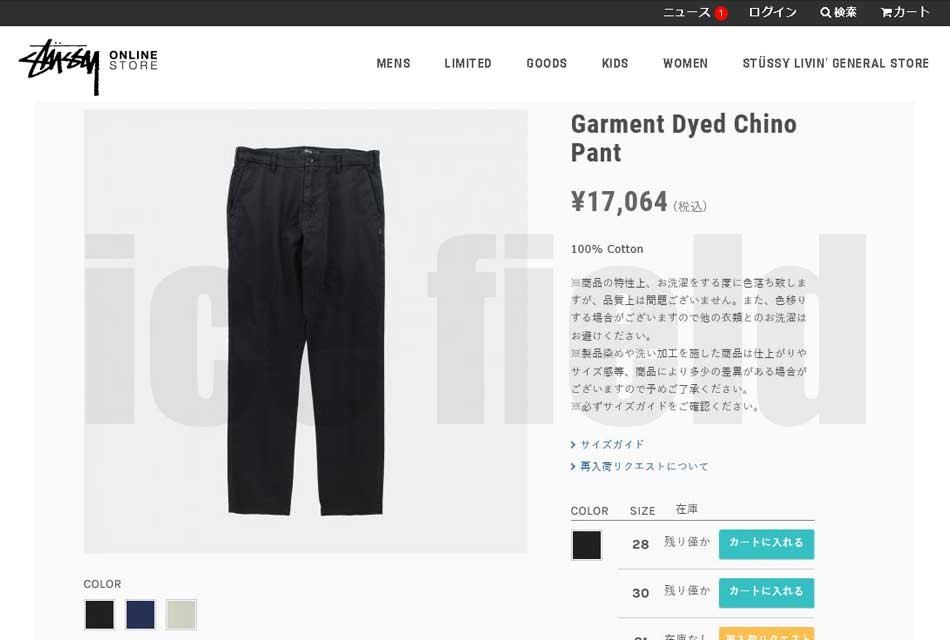 STUSSY（ステューシー） パンツ メンズ Garment Dyed Chino(stussy