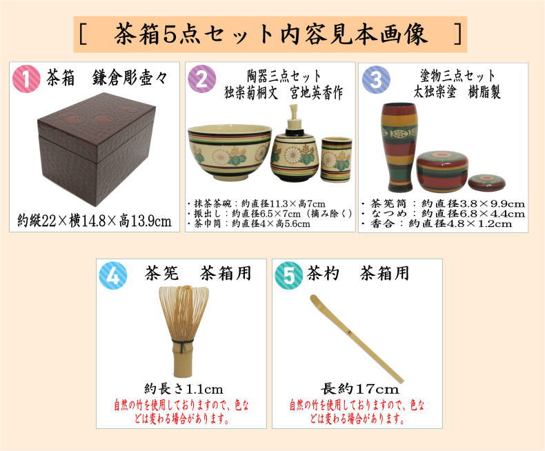 茶道具 利休茶箱 茶箱5点セット 茶箱 鎌倉彫壺々 陶器三点セット[独楽
