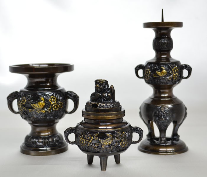 仏具 三具足 3寸 花鳥模様 セット 3点セット 送料無料 お盆 お彼岸