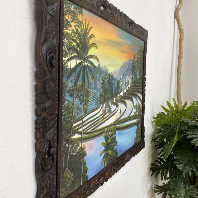 特大バリの風景画 ライステラス 油彩画 キャンバスサイン入り 148×88cm