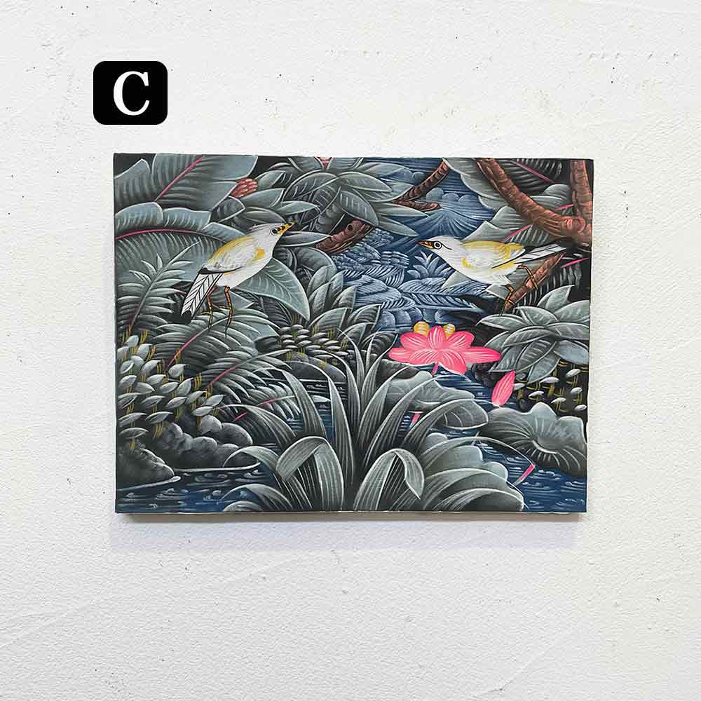 バリ絵画 鳥の絵 2羽 小鳥 白サギ W40×H30cm ブンゴセカン 癒し 花鳥