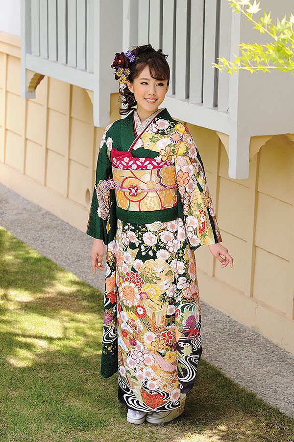 振袖 フルセット 辻が花 成人式 グリーン ブラック 綸子 m5 振袖 フル