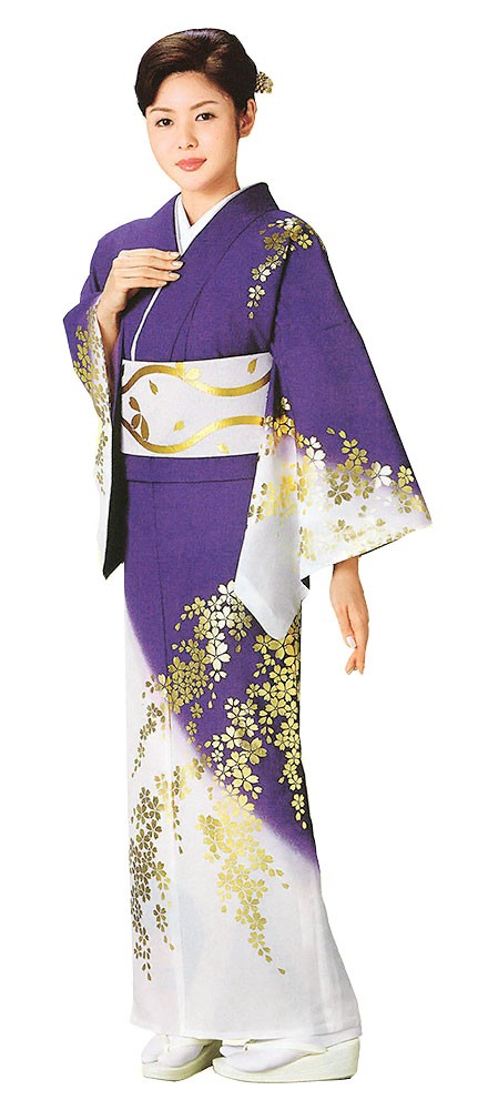 訪問着 女性 プレタ 踊り 絵羽 洗える着物 紫 枝垂れ桜 : カメヤ