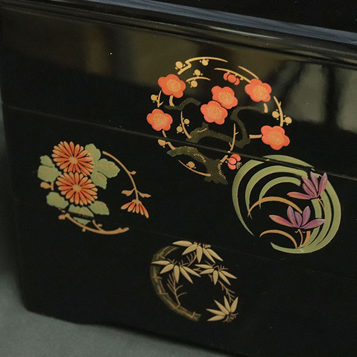 重箱 3段 日本製 国産 会津漆器 6.5 三段重共足 花丸四君子 黒 内朱