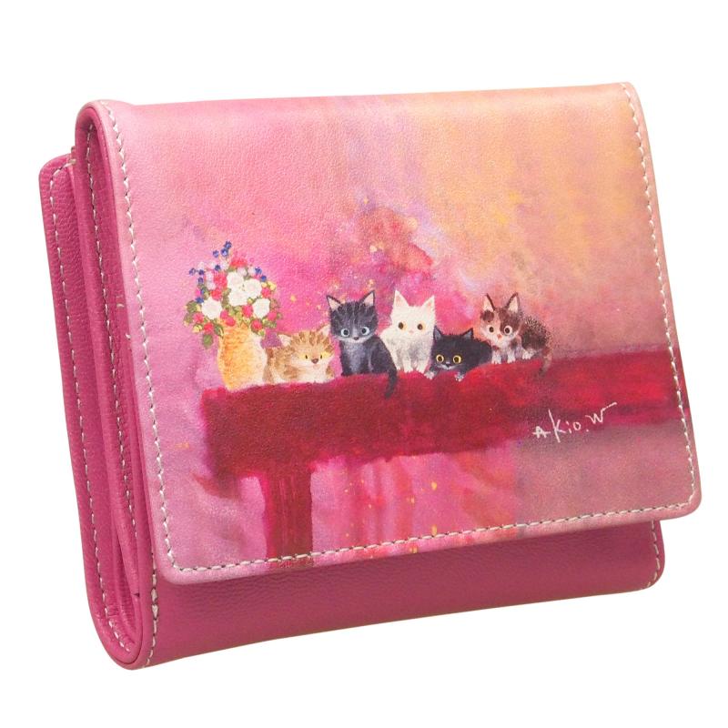 渡辺あきお 猫柄 二つ折り財布 本革 牛革 box型 小銭入れ付き 人気NO.1