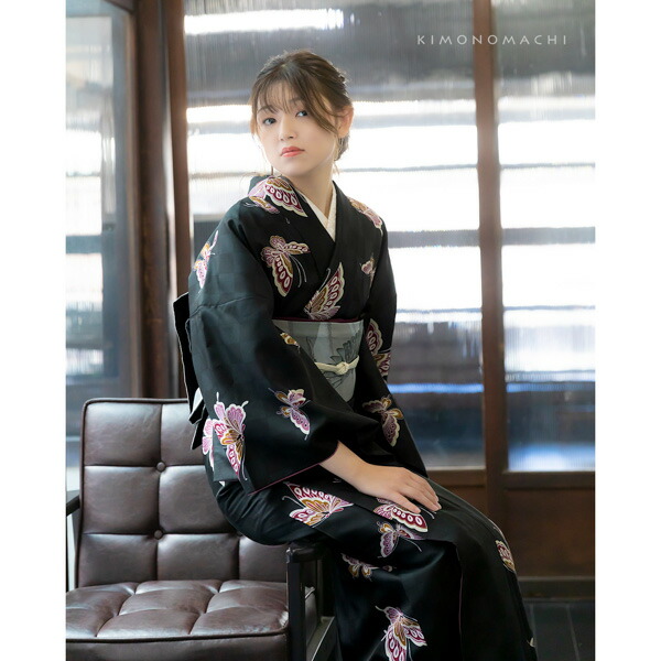 KIMONOMACHI 洗える着物 袷着物単品 「飛び蝶 黒市松」 オリジナル