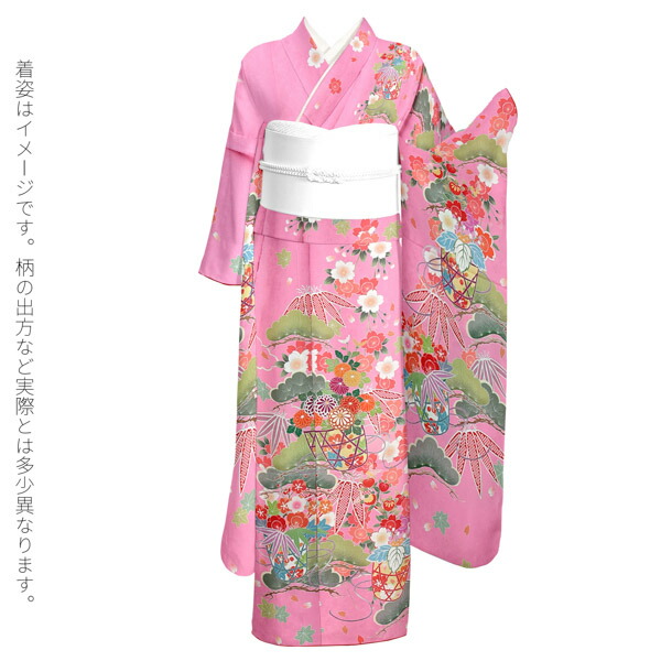 未仕立て 振袖 単品 「ピンク 松に桜、花籠」 仮絵羽 振り袖 正絹 着物