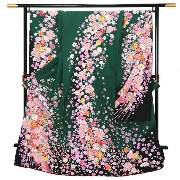 未仕立て 振袖 単品 「緑 桜と菊に熨斗」 仮絵羽 振り袖 正絹 着物