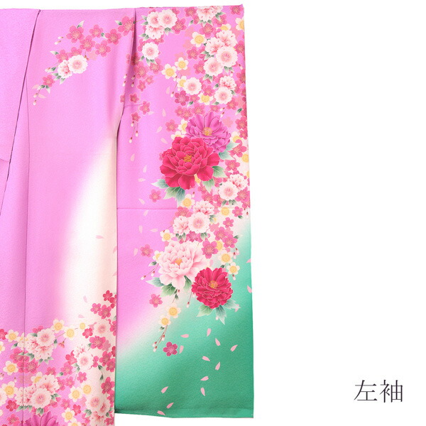 未仕立て 振袖 単品 「ピンク×ミントグリーン 牡丹」 仮絵羽 振り袖