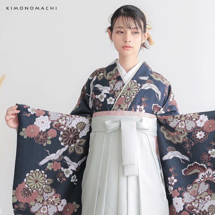 KIMONOMACHI 二尺袖着物 単品「鶴と花紋に紗綾形 紺色」KIMONOMACHI