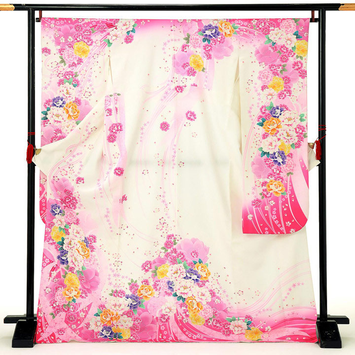 振袖 黒 ピンク 紫 ぼかし 桜 波 レンタル処分 成人式振袖】黒/紫・菊 |