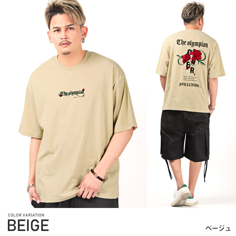 Tシャツ メンズ 半袖 ビッグシルエット バラ 薔薇 刺繍 ロゴ イラスト