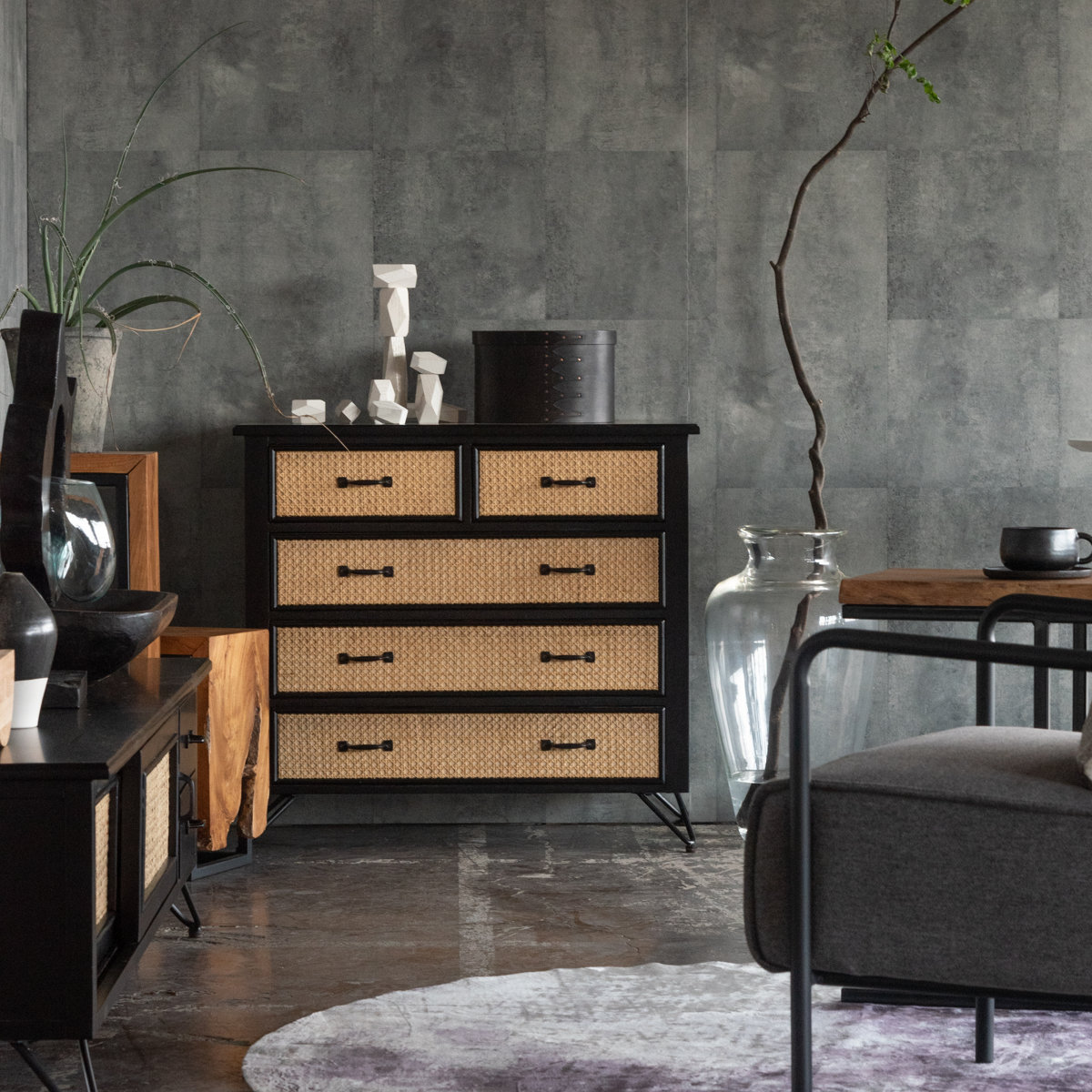 東谷 チェスト 4段5杯 エスニック調 ラタン張り 幅80cm （ 収納 引出し