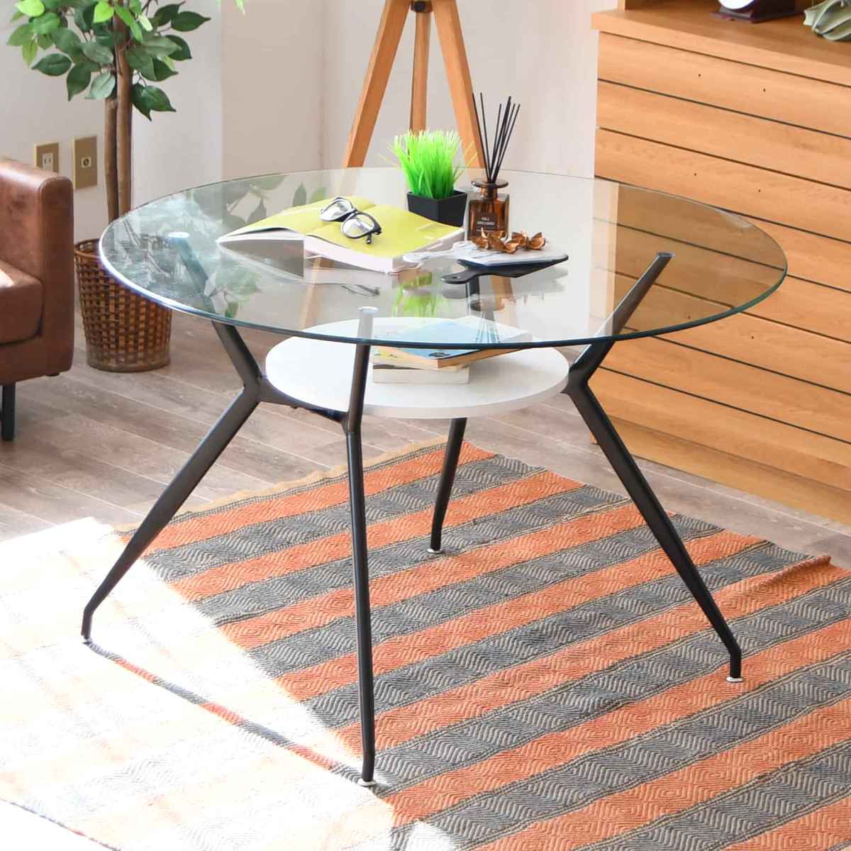 ダイニングテーブル 丸テーブル 4人掛け ガラス 収納スペース付き 幅