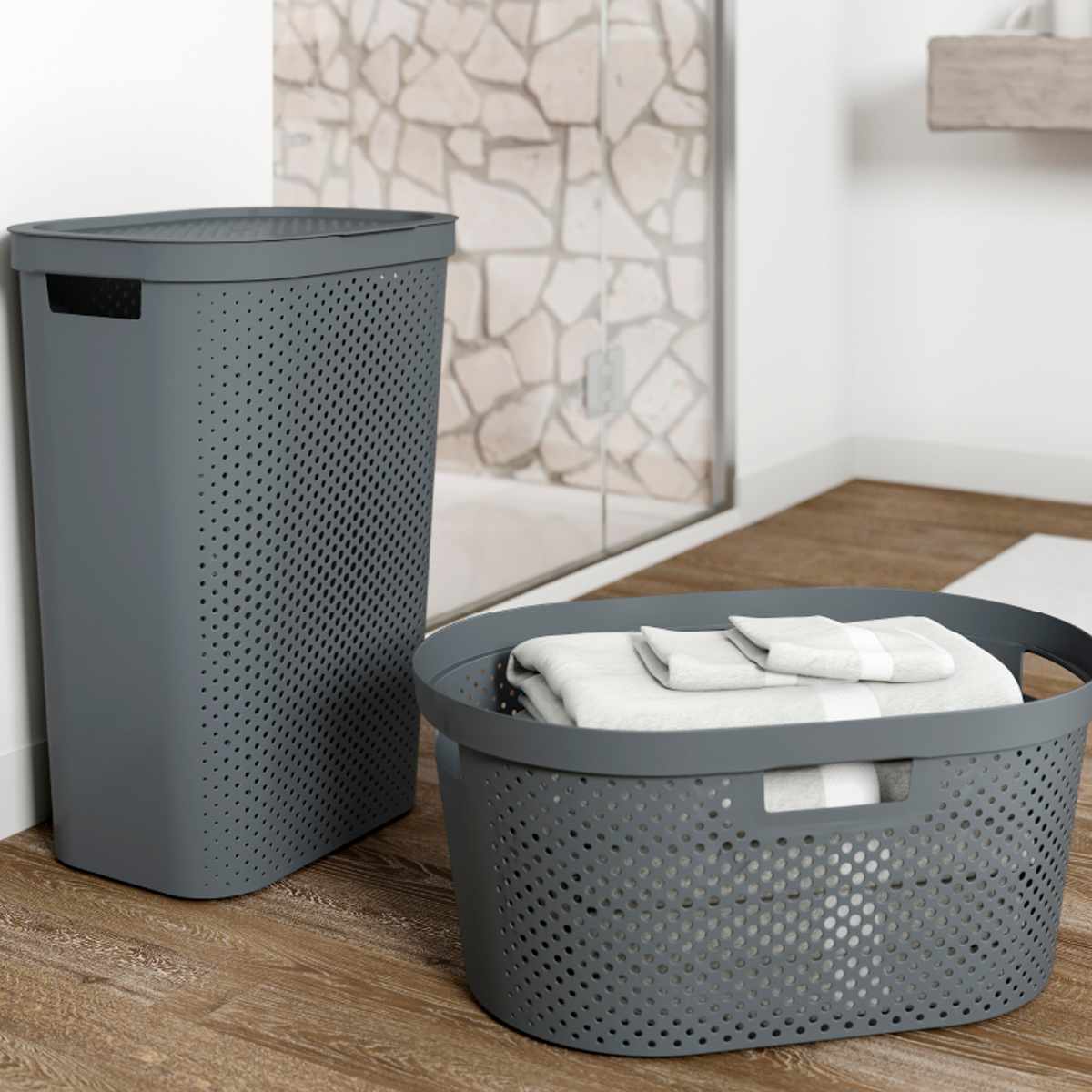 藤栄 ランドリーバスケット CURVER インフィニティー 60L ふた付き