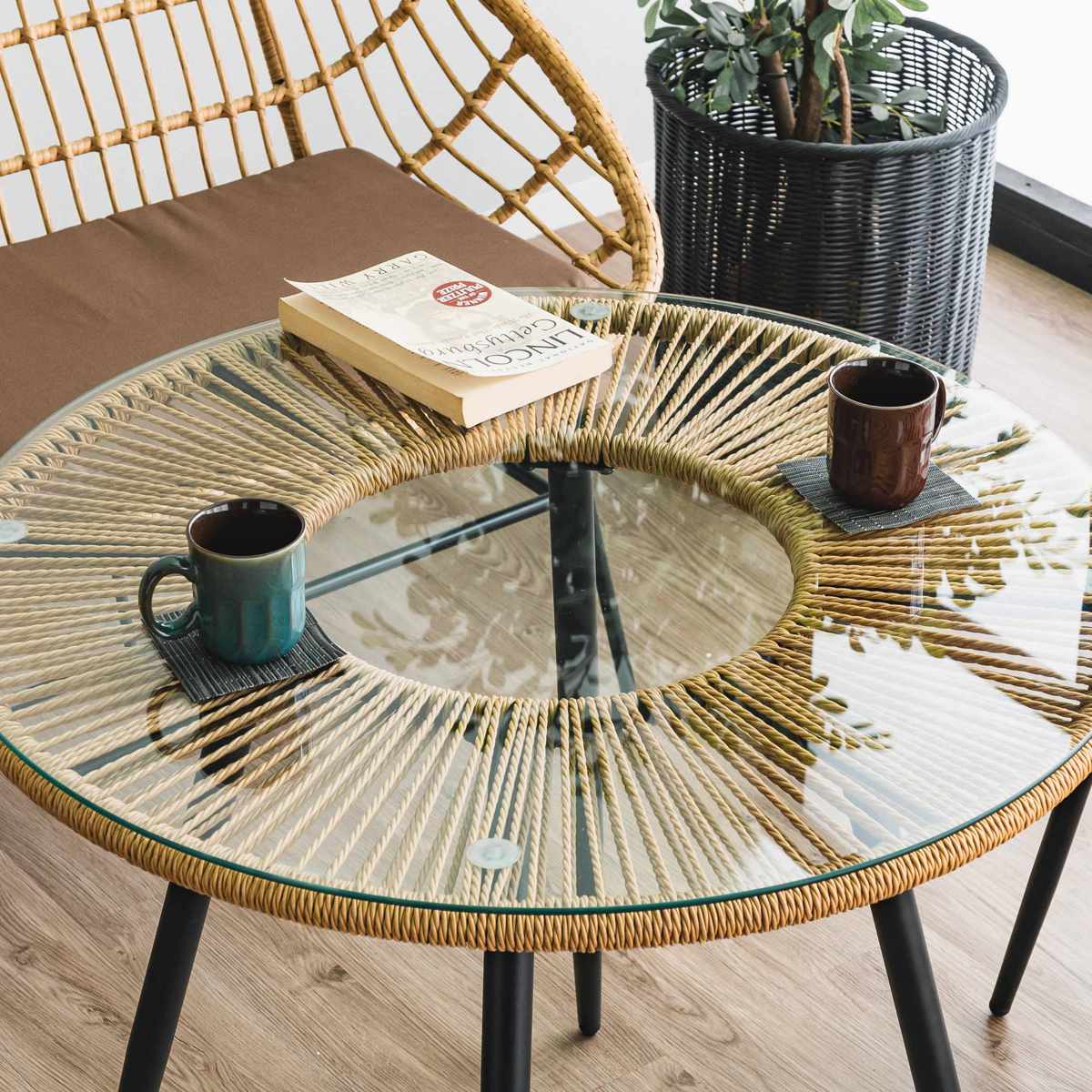 カフェテーブル 直径80cm ラタン調 ガラス マーレ （ テーブル