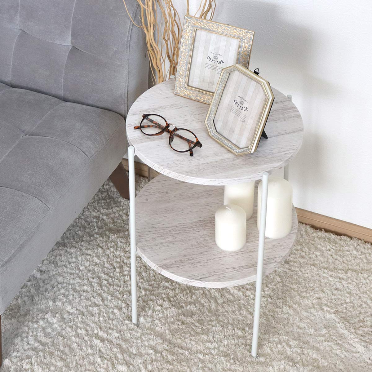 アウトレット） サイドテーブル 高さ52cm 2段 ラック （ 丸 テーブル